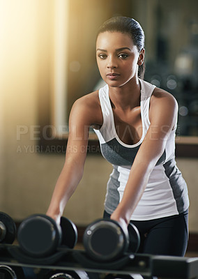 Buy stock photo Woman, portrait and dumbbells  in gym for fitness, workout and wellness for growth, sports and energy. Athlete, female bodybuilder and weights for strength, muscle growth and commitment at club