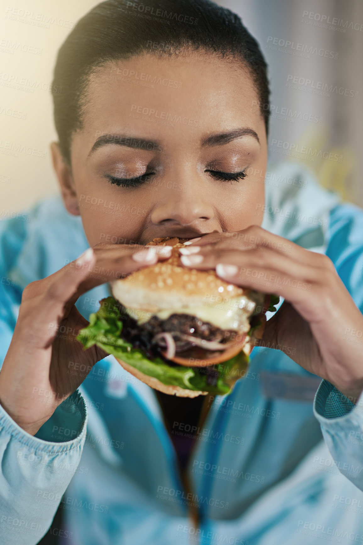 Buy stock photo Diet, cheating and woman with burger, eating and hungry athlete with junk food for lunch after gym. Health, fitness and girl with cheeseburger for reward, nutrition or excited for unhealthy meal 