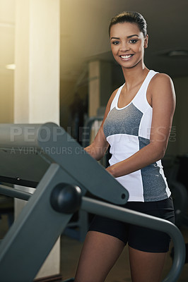 Buy stock photo Black woman, gym and treadmill with smile for workout to exercise and fitness routine for health. Female person, happy and training with commitment for wellness, wellbeing and self care in portrait 