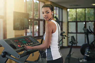 Buy stock photo Black woman, gym and treadmill for exercise with thinking on workout and fitness routine for health. Female person, thoughts and contemplation with commitment for wellness, wellbeing and self care