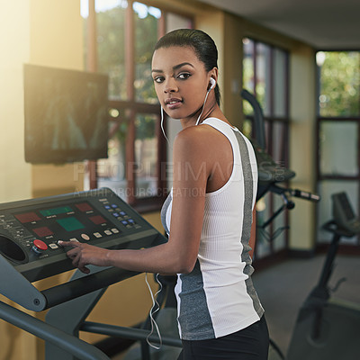 Buy stock photo Black woman, gym and treadmill for fitness with looking away, exercise and workout routine for health. Female person, thoughts and contemplation with commitment for wellness, wellbeing and self care