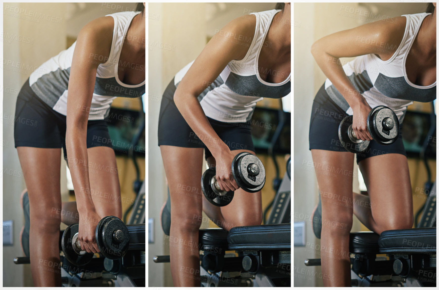 Buy stock photo Series of images of a young woman lifting a dumbbell at the gym