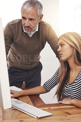 Buy stock photo Computer, advice and man with intern of business, teamwork or collaboration for creative work. Company, male person and woman with confidence as art director with mentor of workplace and serious
