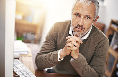 Buy stock photo Businessman, mature and portrait with plans, computer and desk or workspace. Ceo, management and startup for accounting, administration and corporate with thinking for professional career or job