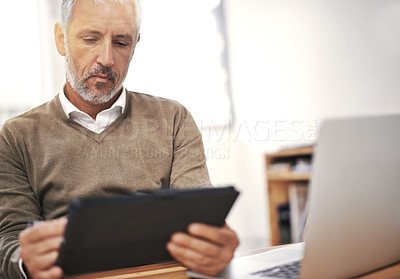 Buy stock photo Businessman, mature and tablet with office, computer and desk or workspace. Ceo, management and startup for accounting, administration and corporate with happiness for professional career or job