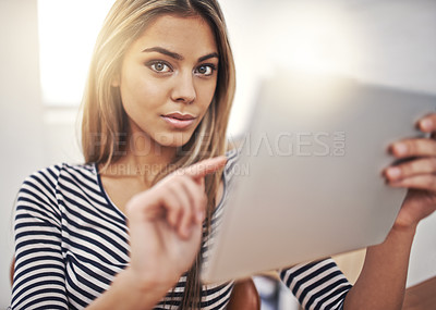 Buy stock photo Tablet, portrait and businesswoman in office for internet, online browsing or website for creative project. Lens flare, technology and face of female person for search, planning or connection