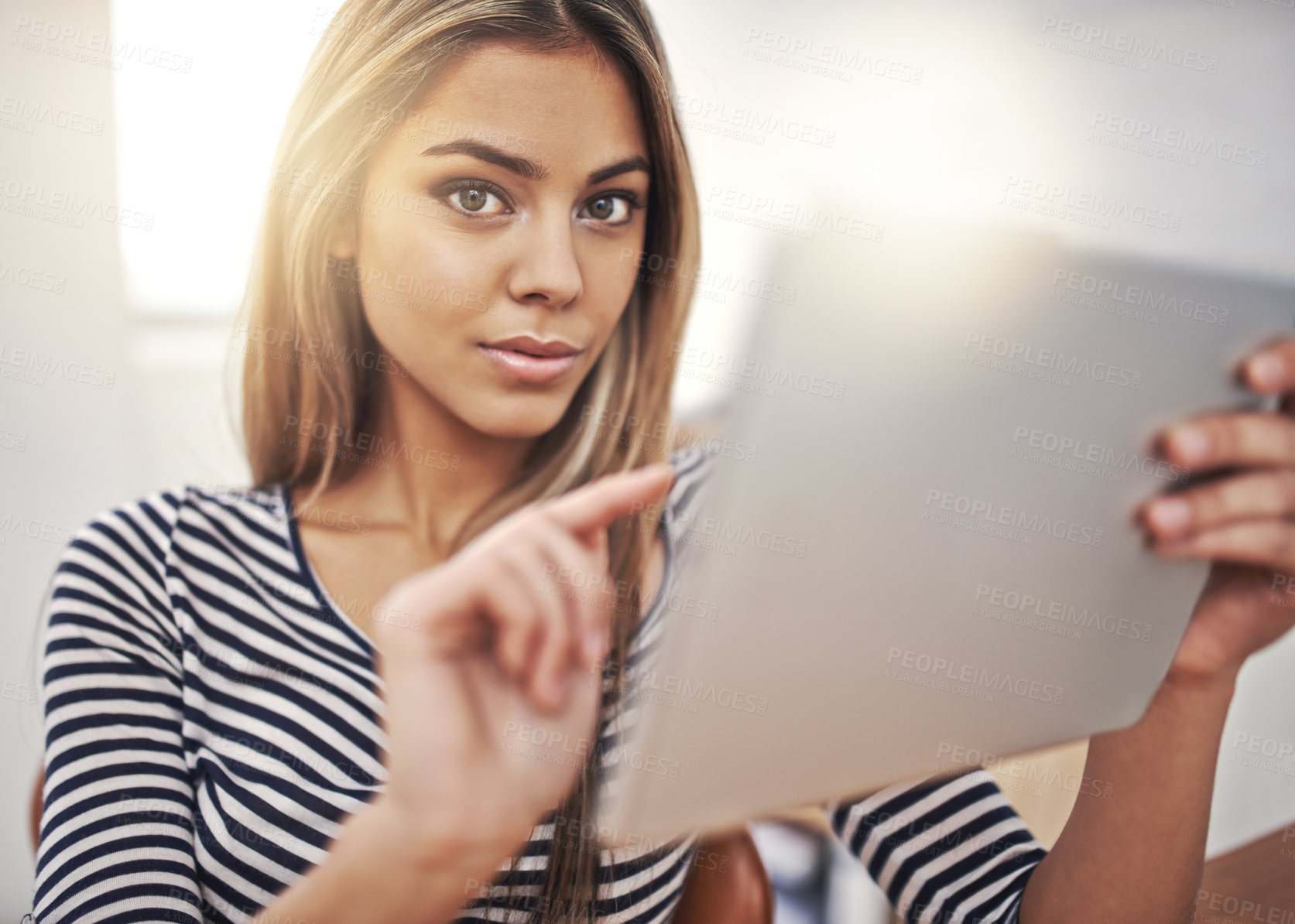 Buy stock photo Tablet, portrait and businesswoman in office for internet, online browsing or website for creative project. Lens flare, technology and face of female person for search, planning or connection