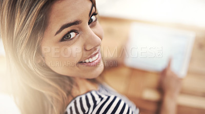 Buy stock photo Happy, portrait and woman with tablet in office for creative research or information on internet. Smile, face and professional female designer working on project with digital technology in workplace.