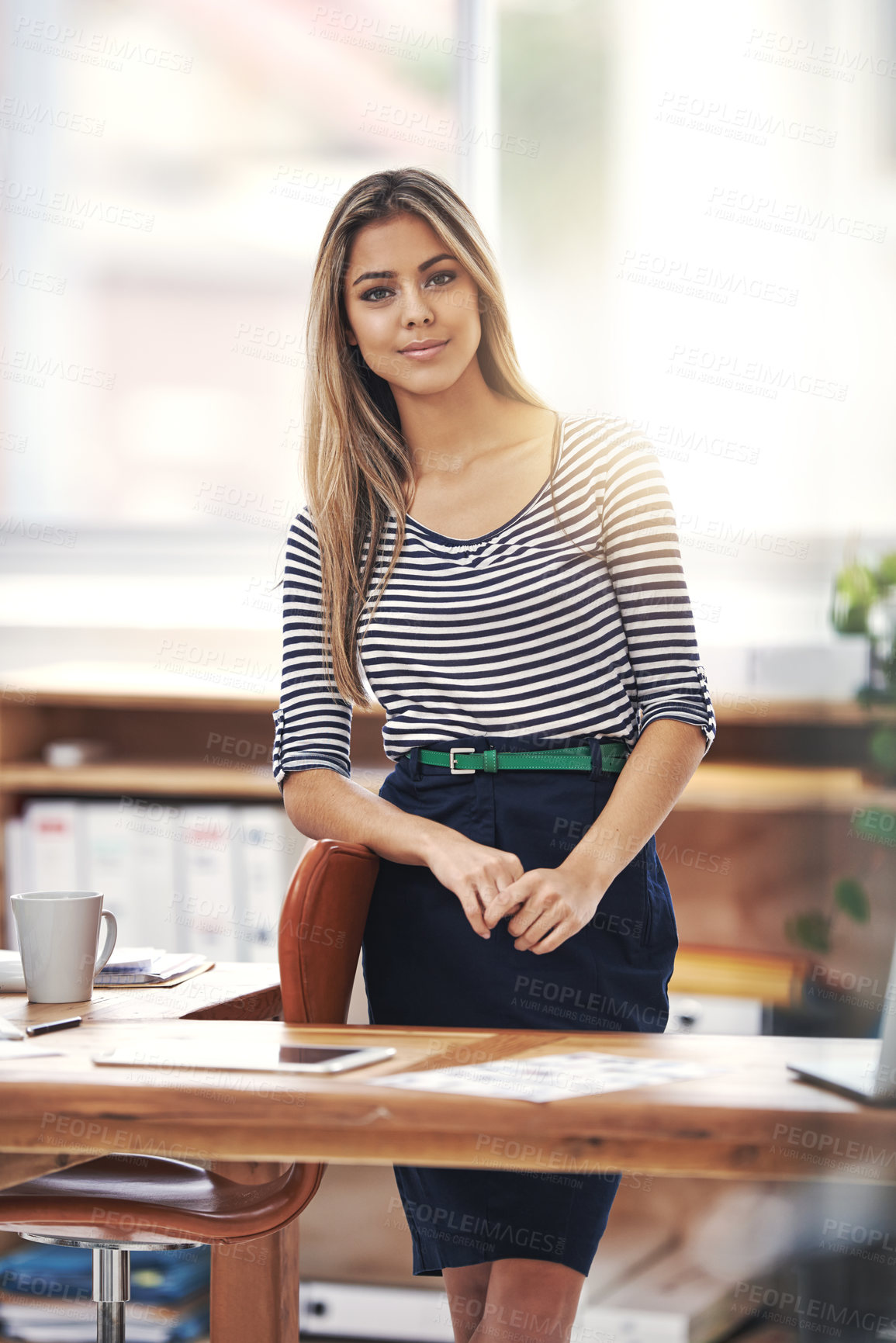 Buy stock photo Woman, desk and smile with portrait, agency and professional for work or business. Accountant, technology and files for workspace, administration or corporate or startup career with job and happiness