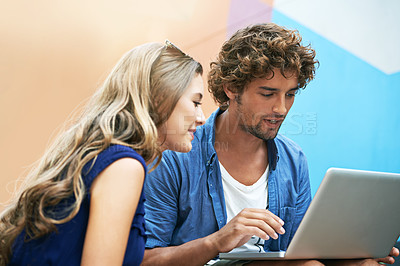 Buy stock photo Laptop, scholarship and couple of friends on university or college campus together for learning or study. Computer, smile or education with happy young man and woman students on academy stairs