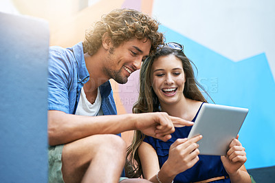 Buy stock photo Tablet, scholarship and couple of friends on university or college campus together for learning or study. Technology, smile or education with happy young man and woman students on academy stairs