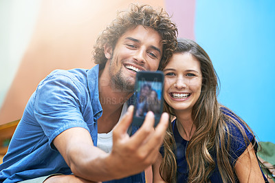 Buy stock photo Couple, selfie and smiling with sunshine for picture, happy and post for social media on summer vacation. Man, woman and together for love on holiday with romance and commitment for memories