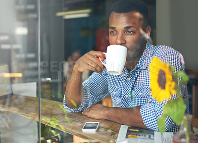 Buy stock photo Man, coffee and thinking by window in cafe with daydreaming for creative idea, inspiration and reflection. African person, contemplating and thoughtful with beverage in diner for research motivation