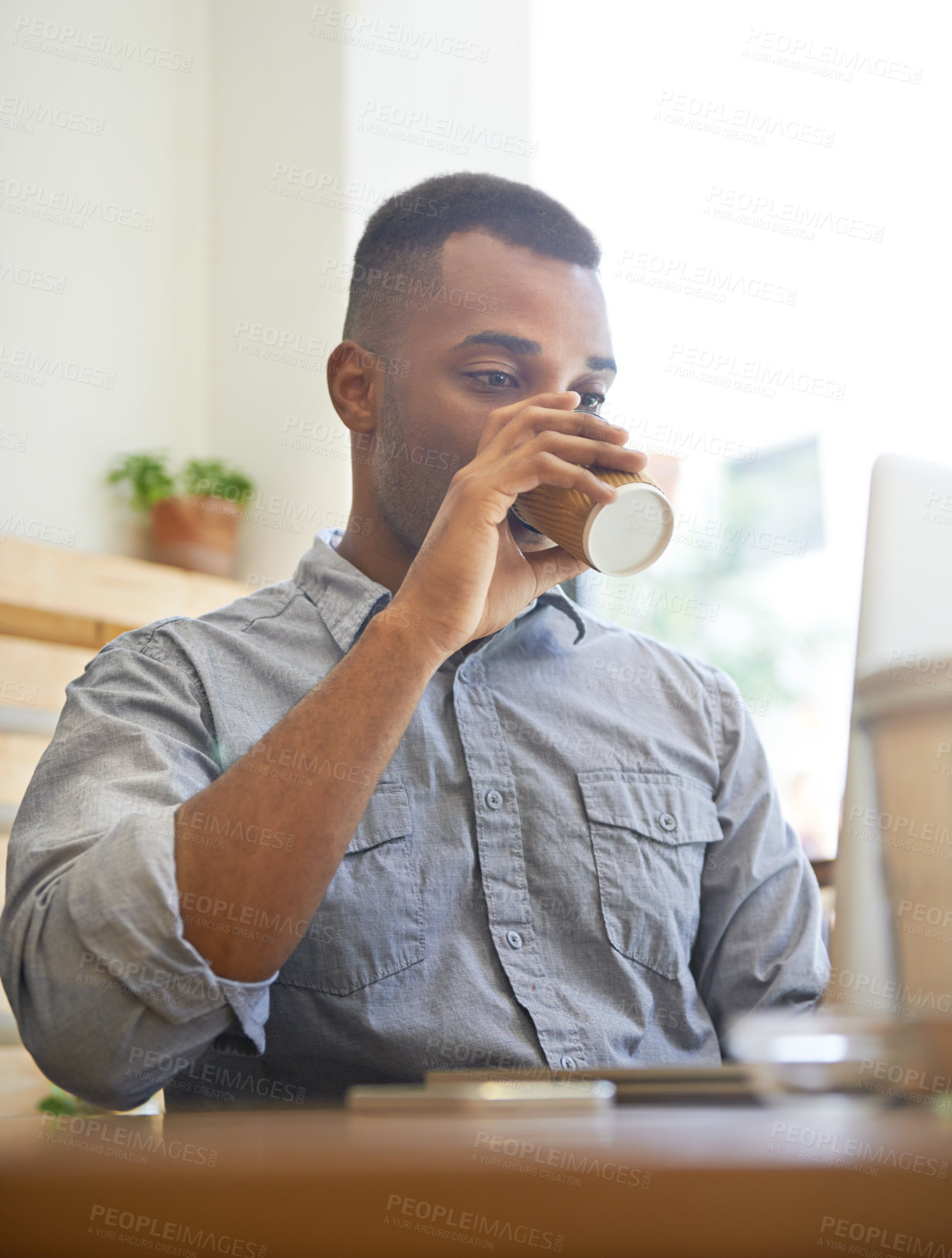 Buy stock photo Cafe, black man and drinking coffee with laptop, remote work and breakfast in the morning. Latte, cup and freelancer on computer in shop with espresso, restaurant or copywriter reading email online