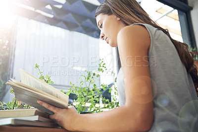 Buy stock photo Book, coffee shop and window with woman studying at table as customer for break, caffeine or literature. Cafe, reading or knowledge and young person in restaurant to relax with story novel on weekend