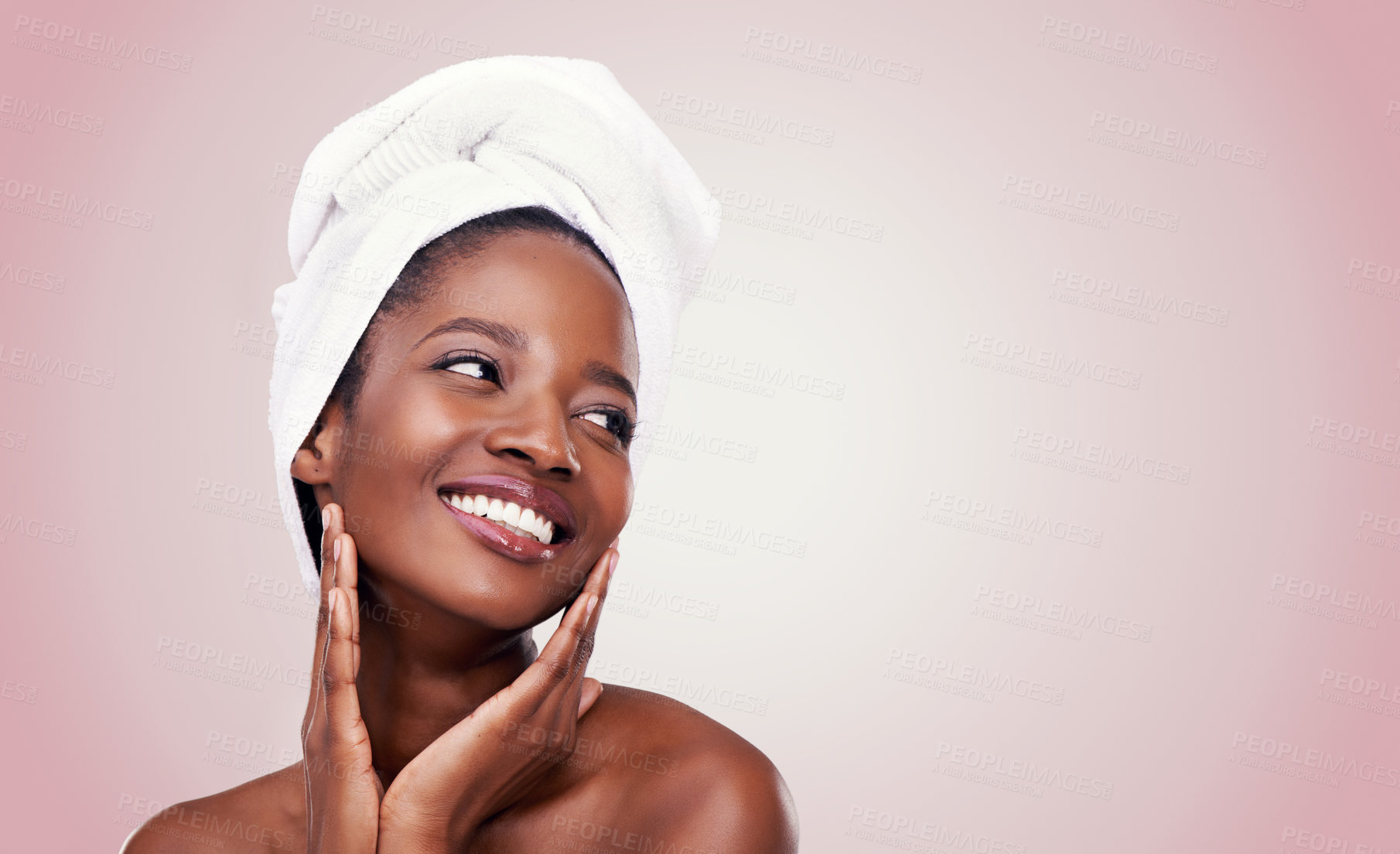 Buy stock photo African woman, skin care and natural for beauty, studio and wellness in fresh look with smile and face touch. Black female person, cosmetic, and happy for anti age, nude and natural confidence