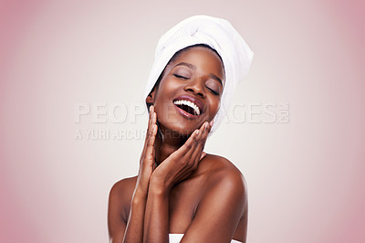 Buy stock photo Black woman, skin care and natural for confidence, studio and wellness in fresh look with smile and face touch. African female person, cosmetic, and beautiful for anti age, body and happy beauty