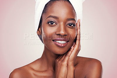 Buy stock photo Hands, portrait and happy black woman for beauty, natural cosmetics and spa treatment on pink background. Skincare glow, touching skin for dermatology and self care with African model in studio