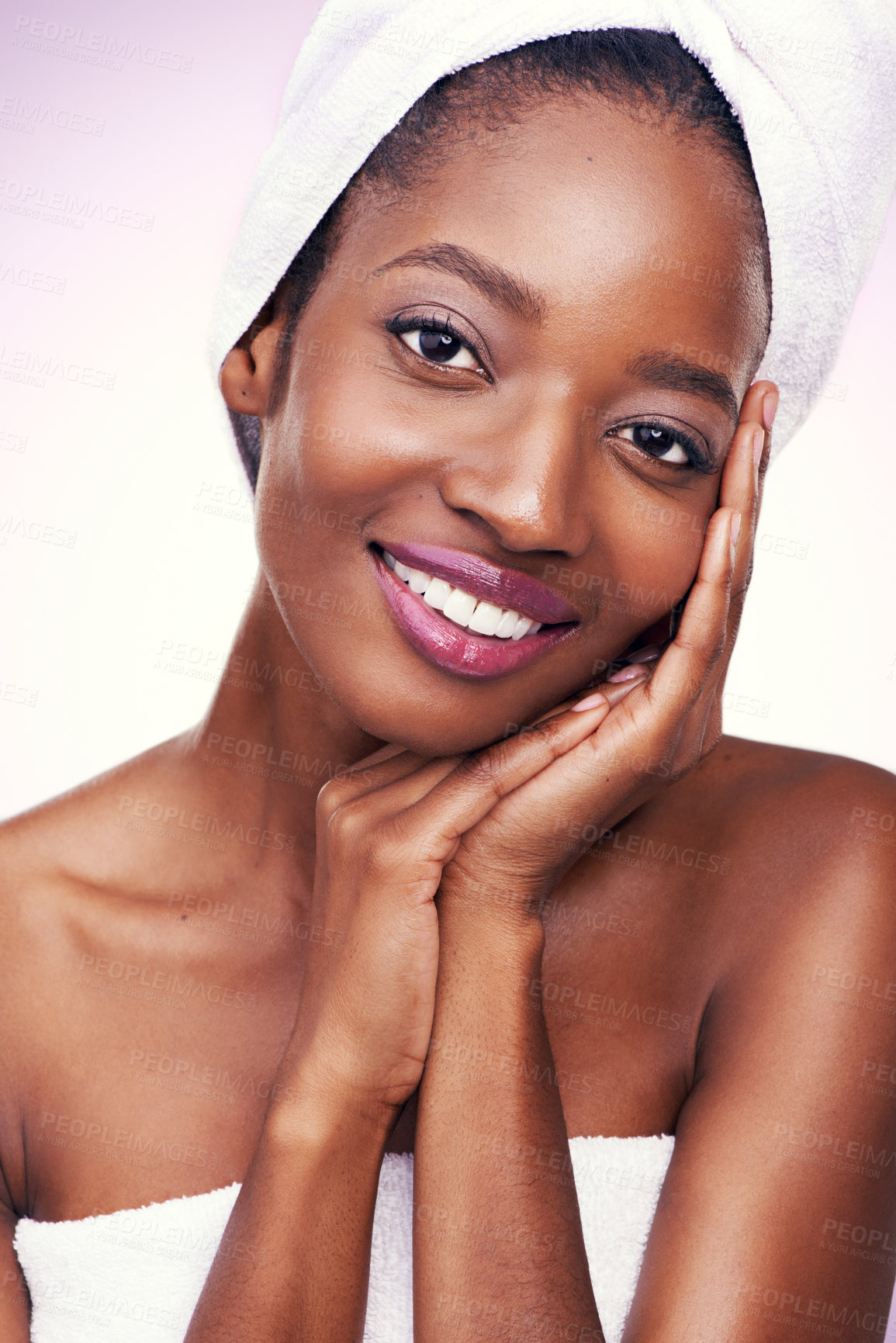 Buy stock photo Woman, portrait and skin care in studio with beauty, dermatology and facial glow on a white background. Portrait of young model or African person in towel and smile for hygiene, cosmetics and makeup