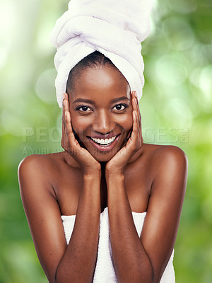 Buy stock photo Black woman, portrait or hair towel in studio for skincare, wellness or dermatology results on green background. Beauty, cleaning and face of African lady model with cosmetic, pamper or spa aesthetic