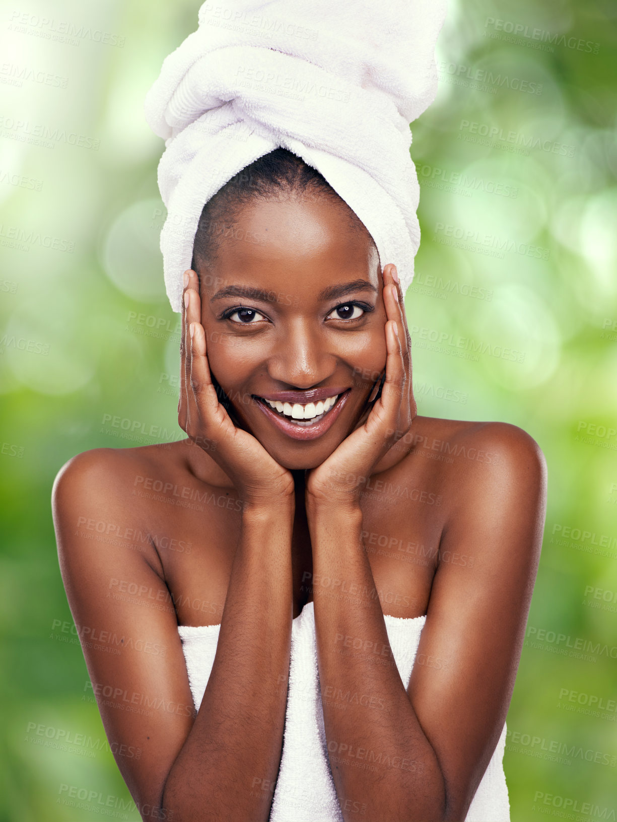 Buy stock photo Black woman, portrait or hair towel in studio for skincare, wellness or dermatology results on green background. Beauty, cleaning and face of African lady model with cosmetic, pamper or spa aesthetic