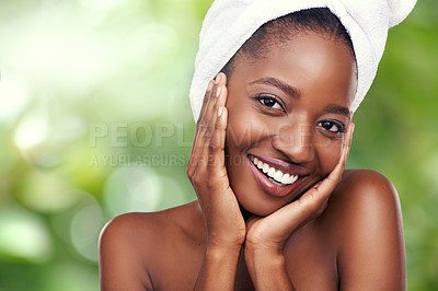 Buy stock photo Woman, portrait and skincare or beauty in nature with towel for dermatology and wellness on green background. Face of young model or African person with smile for hygiene, cosmetics or cosmetology