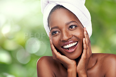 Buy stock photo Woman, skincare and thinking of beauty on a green background with towel for dermatology and wellness. Facial of a young model or African person with smile for organic and vegan cosmetics in nature