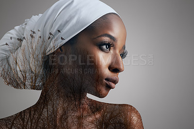 Buy stock photo Natural, beauty and profile of black woman in double exposure at studio with cosmetics mockup. Abstract, art and overlay with face of female model isolated on gray background for nature and trees