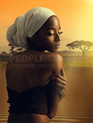 Buy stock photo Beauty, culture and self care with black woman in Africa at sunset with turban for cosmetics or wellness. Skincare, heritage and tradition with natural young model outdoor in nature for dermatology