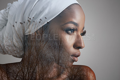 Buy stock photo Beauty, double exposure and profile of black woman in studio for culture, mockup and cosmetics. Abstract, art and creative with face of female model isolated on gray background for nature and trees
