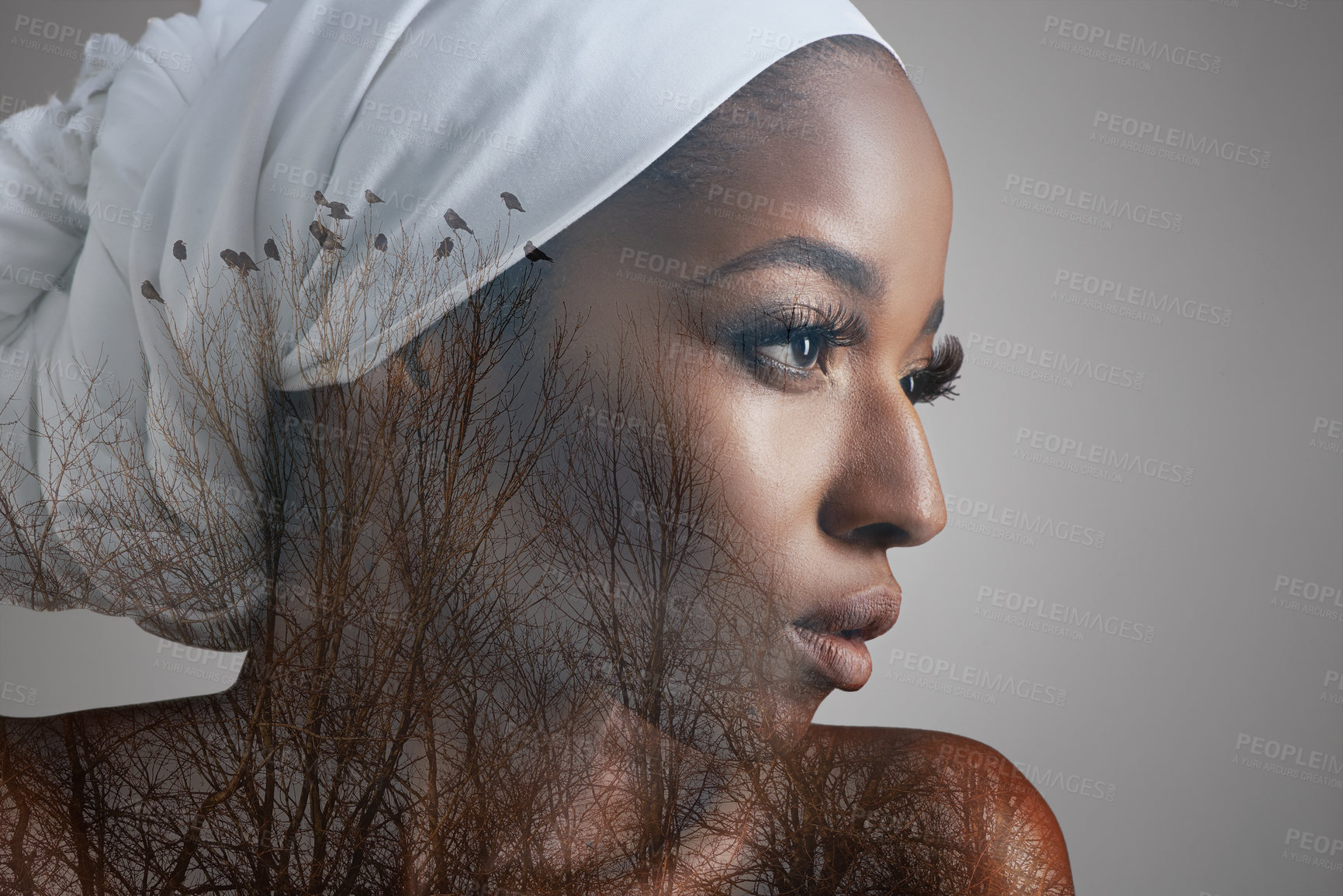 Buy stock photo Beauty, double exposure and profile of black woman in studio for culture, mockup and cosmetics. Abstract, art and creative with face of female model isolated on gray background for nature and trees