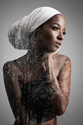 Buy stock photo Headscarf, beauty and double exposure on black woman in studio for culture, mockup and cosmetics. Abstract, art and creative with face of female model isolated on gray background for nature and trees