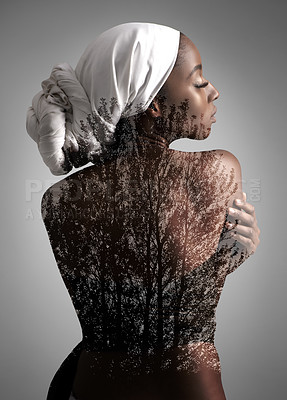Buy stock photo Double exposure, beauty and back of black woman body in studio for creative, mockup and cosmetics. Abstract, art and design with face of female model isolated on gray background for nature and trees
