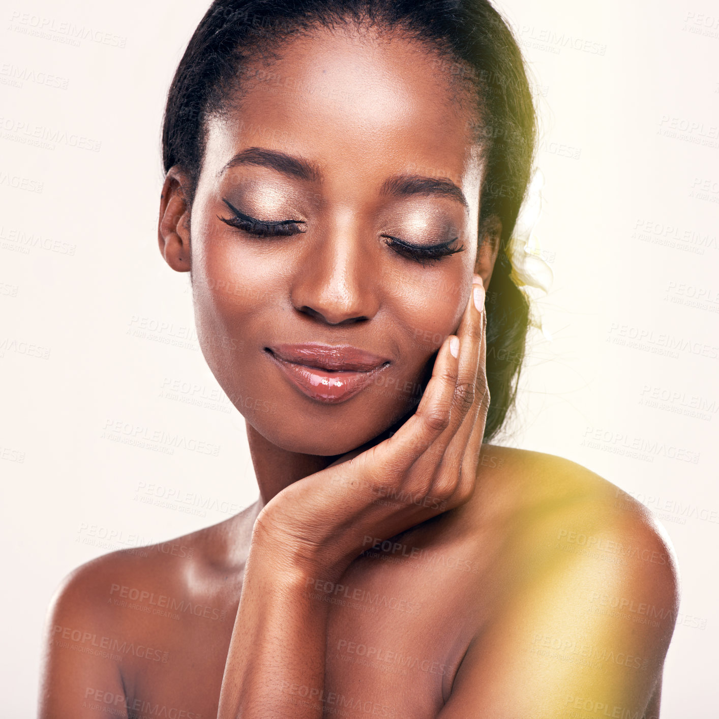 Buy stock photo Skincare, beauty and face of black woman in studio with cosmetics, wellness and health. Salon aesthetic, dermatology and isolated person for natural skin, luxury spa and facial on white background