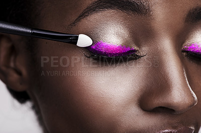 Buy stock photo Closeup of black woman, lashes and brush for eyeshadow with makeup, beauty and color on pink background. Skin glow, cosmetic product and tools for cosmetology, shimmer or glitter with shine in studio