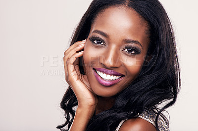 Buy stock photo Beauty, smile portrait and face of black woman in studio for makeup and cosmetics. Headshot of african female model happy on a white background for facial care mockup, skin glow and luxury aesthetic