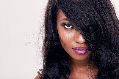 Buy stock photo Portrait, hair and beautiful black woman in studio for keratin, treatment and cosmetics on white background. Haircare, extensions and face of model pose with weave, wig and brazilian beauty results
