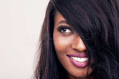 Buy stock photo Hair, beauty and face of black woman in studio for makeup, human extensions or cosmetics. Headshot of african female model smile on a white background thinking of salon mockup, skin glow or skincare