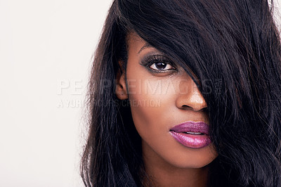 Buy stock photo Portrait, beauty and face of black woman in studio for makeup, hair extension or cosmetics. Headshot of african female model on a white background for facial shine, skin glow or skincare mockup