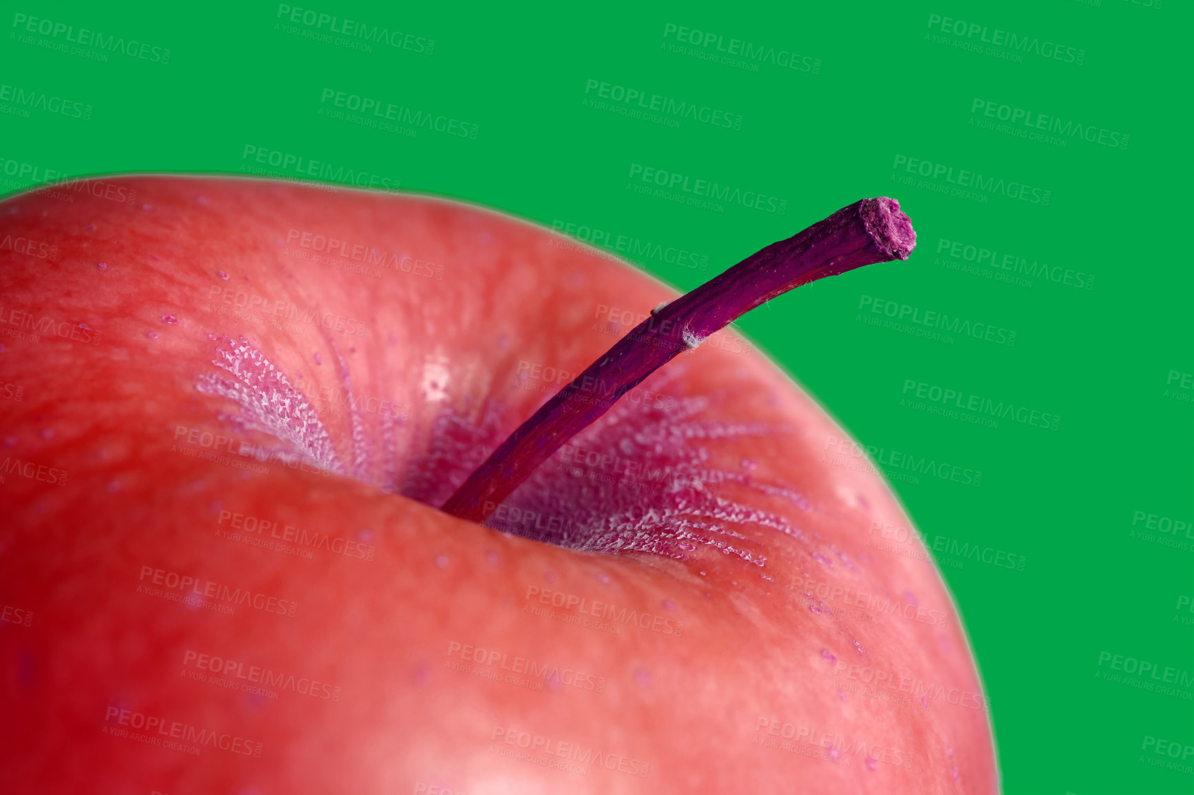 Buy stock photo Closeup, red apple and food on green screen background isolated in studio on chroma key. Fresh fruit, organic stem and plant macro for healthy diet, nutrition or natural vitamin c with antioxidants