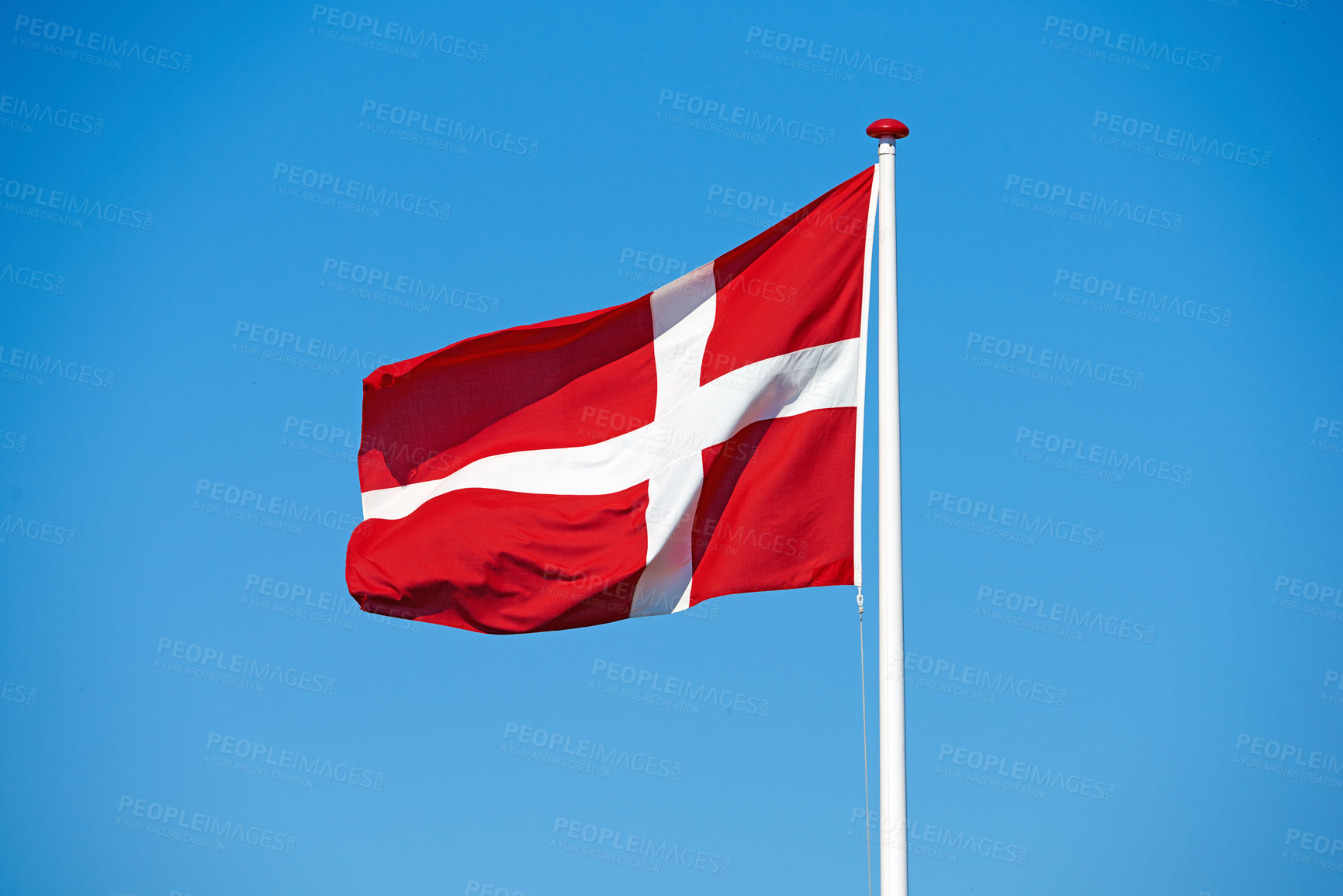 Buy stock photo Flag, blue sky and denmark with symbol of country, scandinavian or danish state with red and white cross. Wind, pole or colorful representation of Dannebrog, history or nation in Copenhagen or Europe