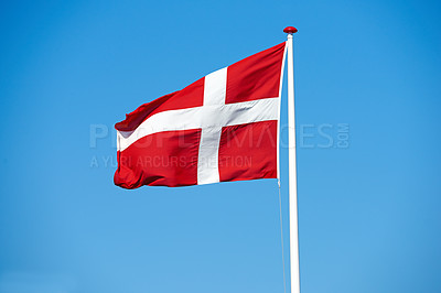 Buy stock photo Denmark, flag and wind on sky background for culture, honor and protocol at kingdom. Symbol, nationalism and international identification in Scandinavia with royalty, representation and mockup space