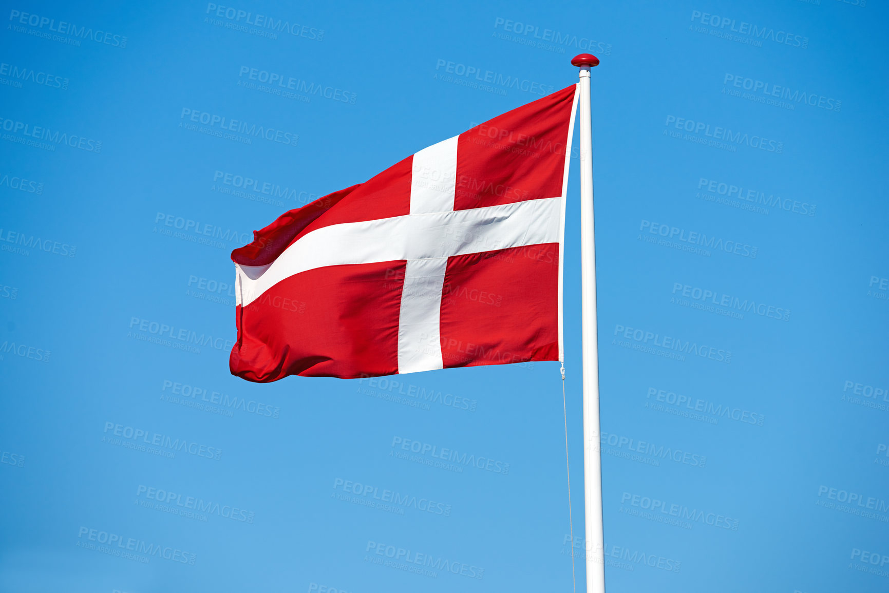 Buy stock photo Denmark, flag and wind on sky background for culture, honor and protocol at kingdom. Symbol, nationalism and international identification in Scandinavia with royalty, representation and mockup space