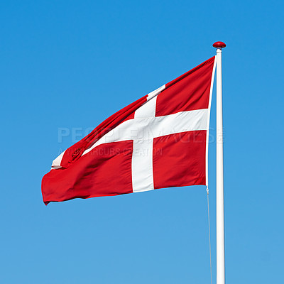 Buy stock photo Denmark, flag and wind on sky background for country, pride and protocol at kingdom. Symbol, nationalism and international identification in Scandinavia with royalty, representation and mockup space