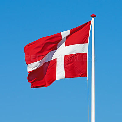 Buy stock photo Denmark, flag and wind on sky background with pole, pride and protocol at kingdom. Symbol, nationalism and international identification in Scandinavia with royalty, representation and space.