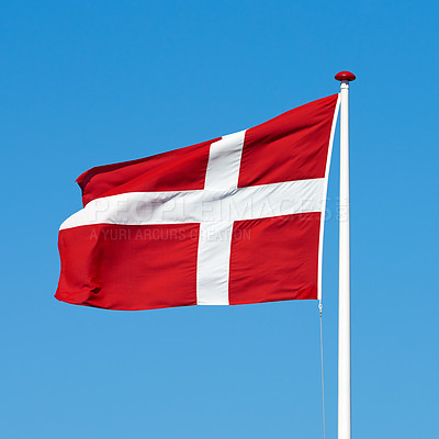 Buy stock photo Denmark, flag and wind on sky background at kingdom, pride and protocol in country. Symbol, nationalism and international identification in Scandinavia with royalty, representation and mockup space