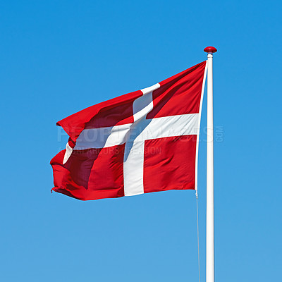 Buy stock photo Denmark, flag and wind on sky background at capital, pride and protocol at kingdom. Symbol, nationalism and international identification in Scandinavia with royalty, representation and space