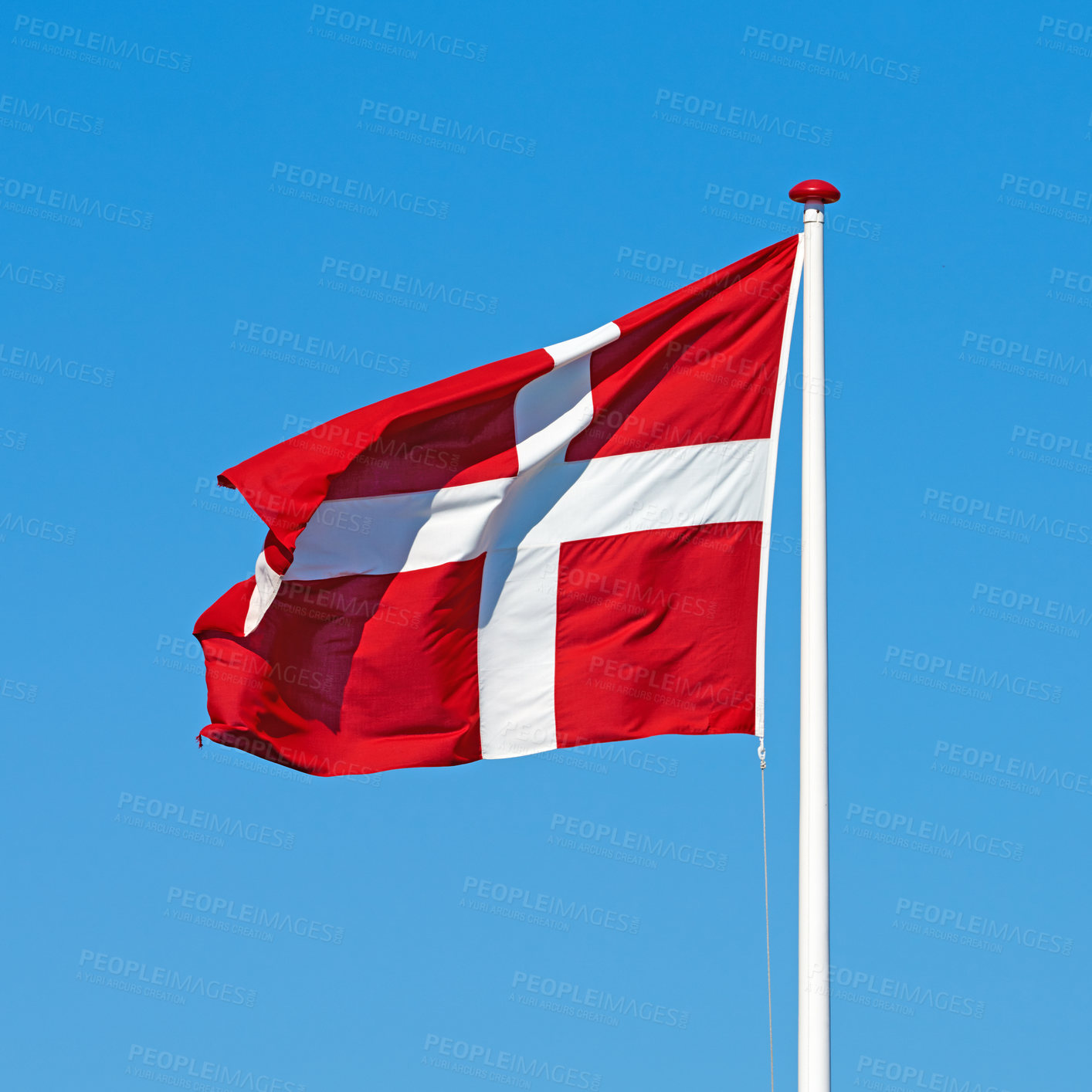 Buy stock photo Denmark, flag and wind on sky background at capital, pride and protocol at kingdom. Symbol, nationalism and international identification in Scandinavia with royalty, representation and space