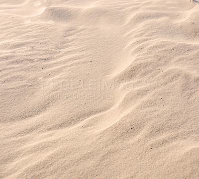 Buy stock photo Sand, beach or texture for wallpaper with grain, nature or ripple from wind. Desert, background or shore on tropical island with ecosystem, environment care or clean for pollution awareness in mockup