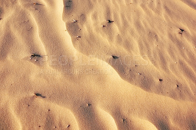 Buy stock photo Above, dry and pattern of sand on beach, material and dimension with mixture of substances. Shells, textures and gravel with creative surface for walking, abstract and banner of desert outdoor